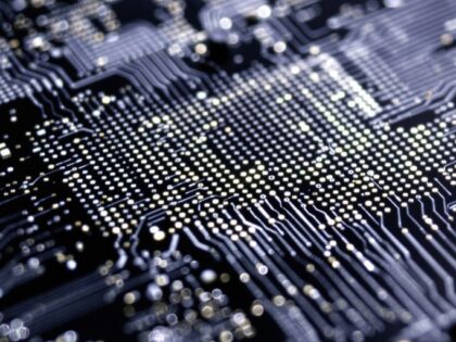 Close-up of a complex electronic circuit board.
