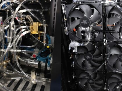 Mining rig with water cooling tubes and fans.