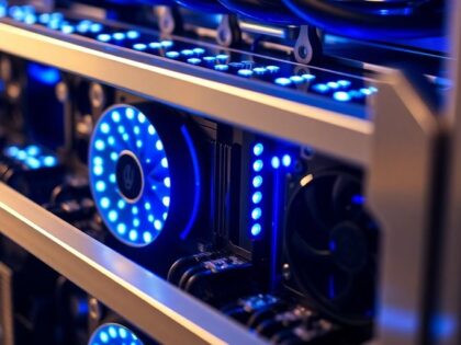 Shiny ASIC miner with glowing blue lights.